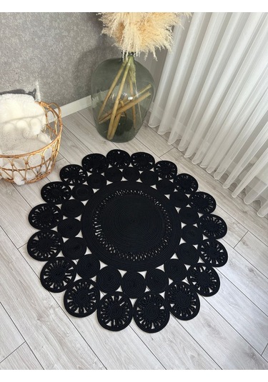 Natura El Dokuma Jüt Bohem Tarz Otantik Salon Oturma Odası Koridor Natural Halı Pamuklu Halı Siyah