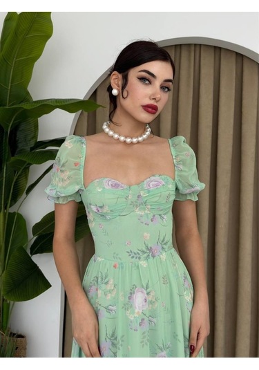 Şifon Kumaş Dijital Desen Baskılı Elbise L