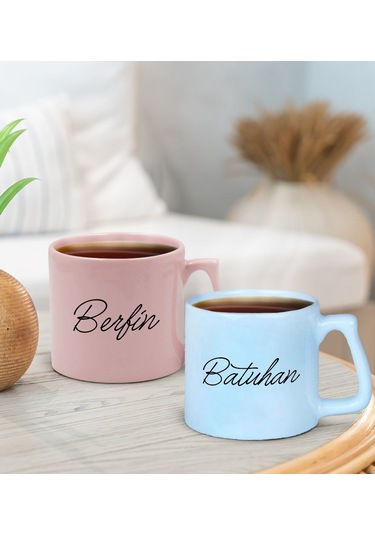 Bk Gift Kişiye Özel İsimli Pastel Pembe Ve Mavi 2li Middle Kupa Bardak Seti-3, Sevgiliye Hediye, Ev Hediyesi, Arkadaşa Hediye Kobitmeyencom30006 Bk Gi