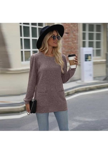 Novahub Kadın Mavi Bol Kabarcık Tişört, Rahat Kollu Üst, Sonbahar Kış Moda Mavi