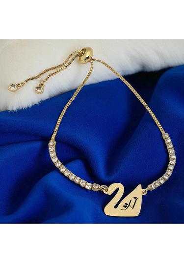 Archin H Harfine Özel Beyaz Taş Detaylı Kuğu Kuşu Motifli 14 Ayar Altın Plakalı Hediye Bileklik-601harf H