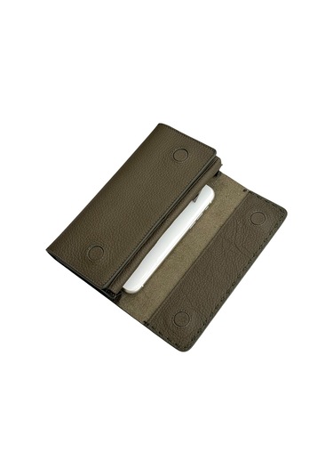 Haki Yeşil %100 Hakiki Deri Dikiş Detaylı Gizli Mıknatıslı Kapaklı Özel Tasarım Kadın Cüzdan Portföy Haki