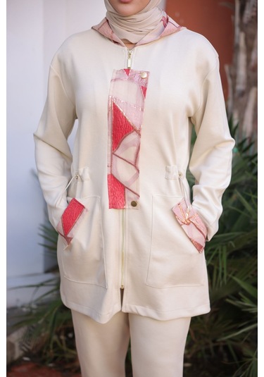 Tesettür Eşofman Takımı Fermuarlı Ikili Takım Kapüşonlu Krem 475 Krem