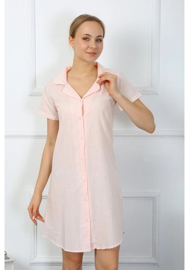 Giyim Kadın Pamuk Keten Kısa Kol Düğmeli Pudra Tunik Gecelik Pudra