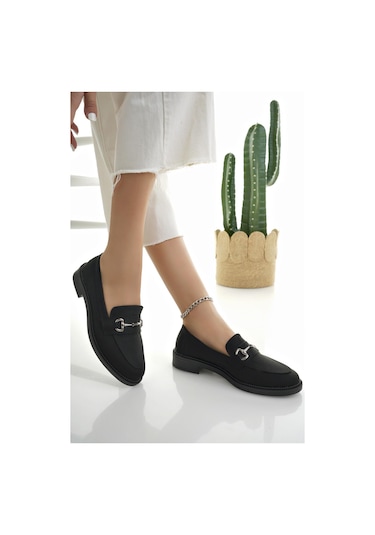 Muggo Sussie Garantili Metal Tokalı Kadın Loafer Günlük Ayakkabı SIYAH SUET
