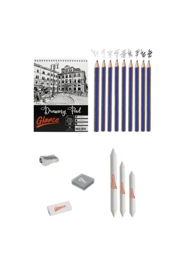 A5 Eskiz Defterli 50 Yp 9 Adet Karakalem Çizim Seti Pastel Dağıtma, Kalemtıraş, Silgi Eskiz Seti