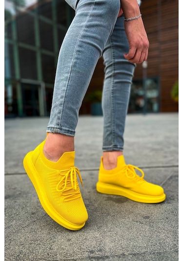 Pabucmarketi Bağcık Detaylı Triko Kumaş Erkek Spor Ayakkabı Sarı Çok Renkli