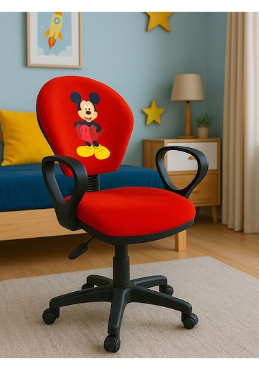 Mickey Mouse Baskılı Turuncu Çocuk Çalışma Sandalyesi Döner Koltuk, Yükseklik Ayarlı Koltuk Turuncu