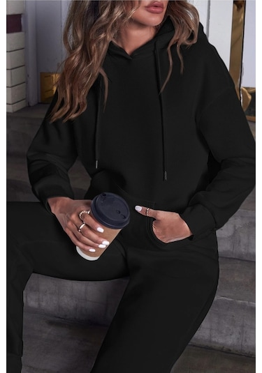 Modagen Kadın Siyah Kapüşonlu Alt Üst Eşofman Takımı Siyah