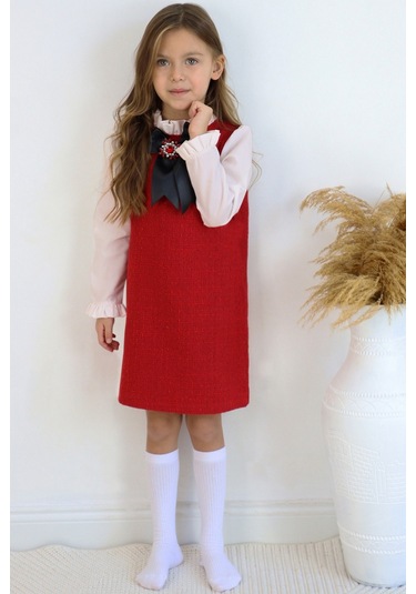 Kız Çocuk Kırmızıı Vanessa Broş Detaylı Tüvit Uzun Kollu Yılbaşı Elbisesi