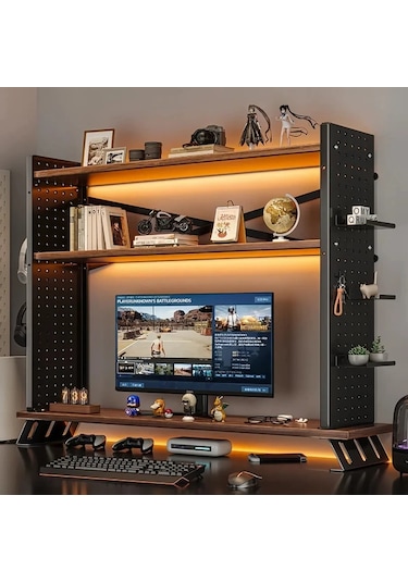 Motion003 Ergonomik Ahşap Monitör Standı Yükseltici Bej Çerçeve Kütük Tahta 50 Cm Büyük Çift Ekran Masa Rafı L Şeklinde Bacaklı