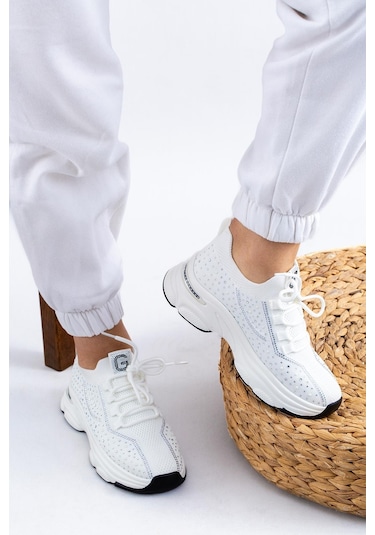 Guja İthal Özel Seri Taşlı Triko Kadın Spor Ayakkabı 24y309-1 Beyaz-beyaz Beyaz