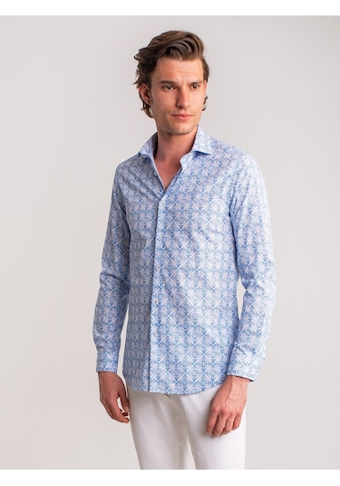 Dufy Mavi Erkek Slim Fit Paul Yaka Uzun Kol Gömlek - 60637 Mavi