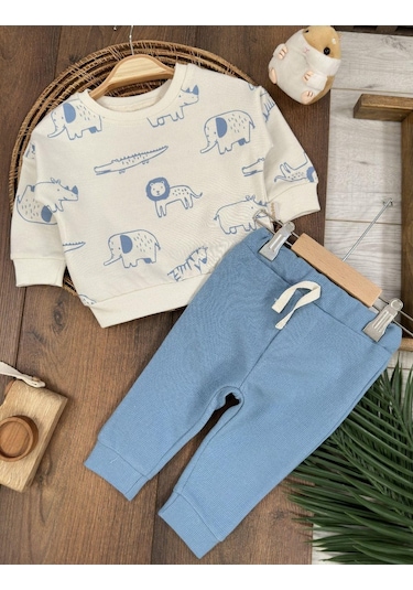 Safari Baskılı Mevsimlik Erkek Bebek 2li Takım Mavi
