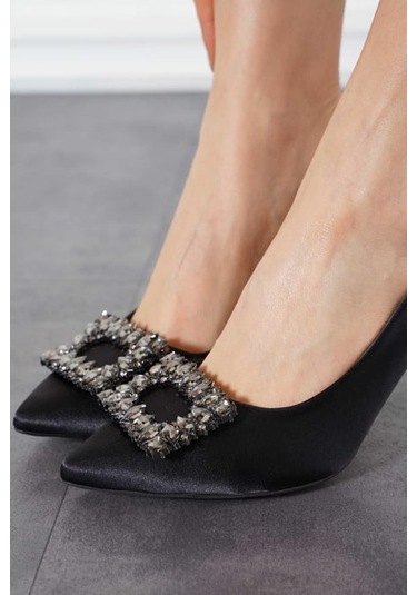 Feles Kare Taş Detaylı Stiletto Kadın Topuklu Ayakkabı Siyah