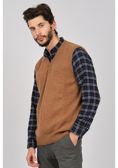 Arslanlı Erkek Lambswool V Yaka Süveter 0767991 Oranj-Kahve Melanj