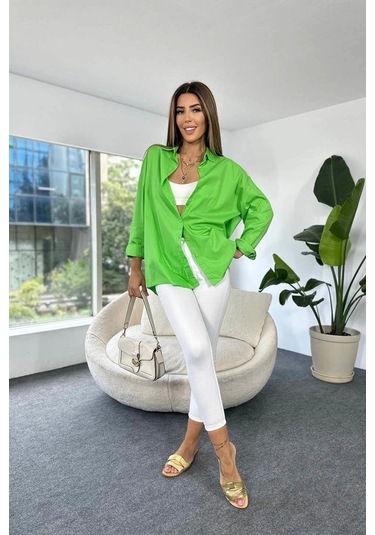 Pamuklu Poplin Kumaş Sırtı Yırtmaçlı Tasarım Kadın Gömlek Yeşil