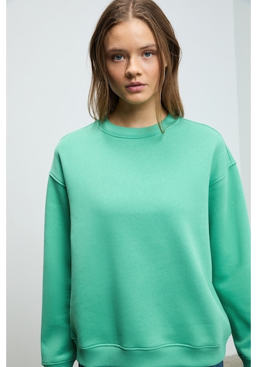 Grimelange SUSANA Kadın Bisiklet Yaka İçi Polarlı Oversize Fit Basic Mint Yeşil Sweatshirt