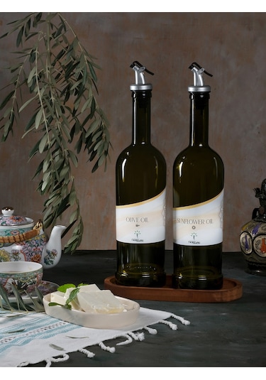Ahşap Stantlı Amber 2'li 750 ml Zeytinyağı ve Sıvıyağ Yağdanlık Şişesi Ayçiçekyağı,Yağlık ea
