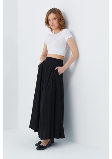 4631 Kadın Parçalı Kloş Etek Siyah Siyah