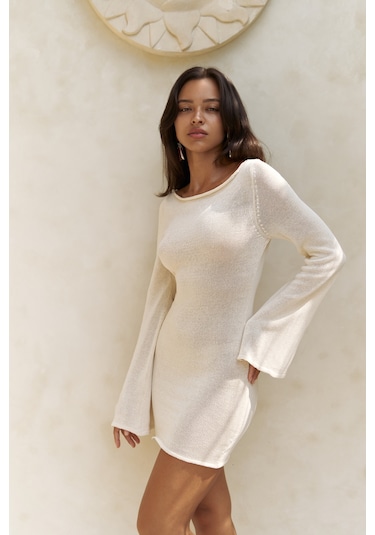 Mai Collection Mai Studios Co. Lenthe Kayık Yaka Bej Mini Triko Elbise Bej