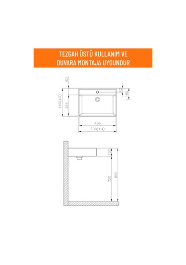 Aqua Bagno Plan Lavabo 60 x 45 CM Mat Siyah