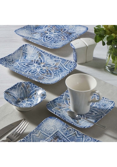 GÜRAL GÜRAL SPİNOZA 36 PARÇA 6 KİŞİLİK KARE BONE KAHVALTI TAKIMI - 1006 Beyaz - Mavi
