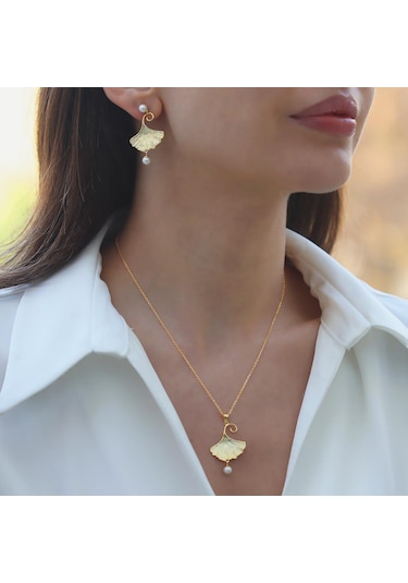 İstiridye İncili Sarkıt Gold Gümüş Set Gümüş