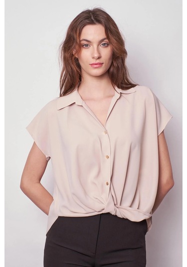 Likrasız Şık Kumaş Yakalı Düşük Omuzlu Önü Pileli Gömlek-bej Bej