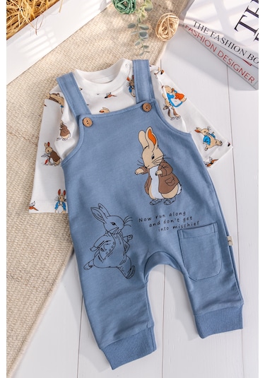 Babymod Tavşan Fiğürlü 2'li Erkek Bebek Salopet Tulum mavi