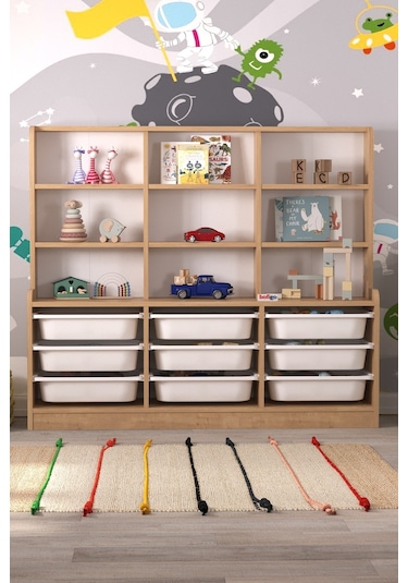 Bofigo 9 Sepetli 9 Raflı Dolap Çok Amaçlı Dolap Oyuncak Dolabı Almina Safir Meşe Açık Kahverengi