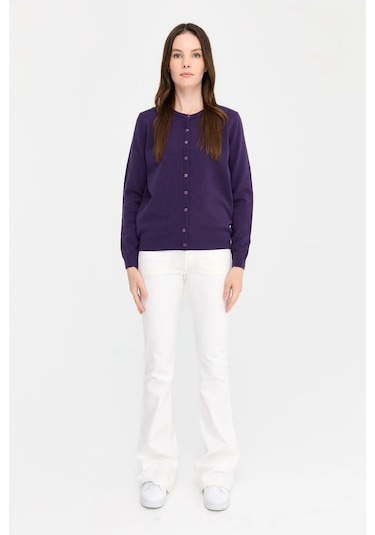 Desen Triko Kadın Sıfır Yaka Triko Yün Hırka 21031 Koyu Mor