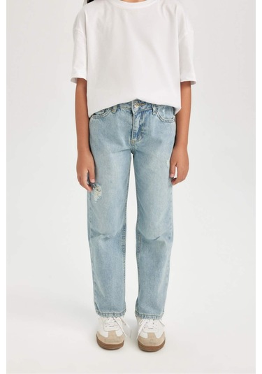 DeFacto Kız Çocuk Straight Fit Yırtık Detaylı Düz Paça Cepli Jean Pantolon D3370A824WNNM28 Mavi
