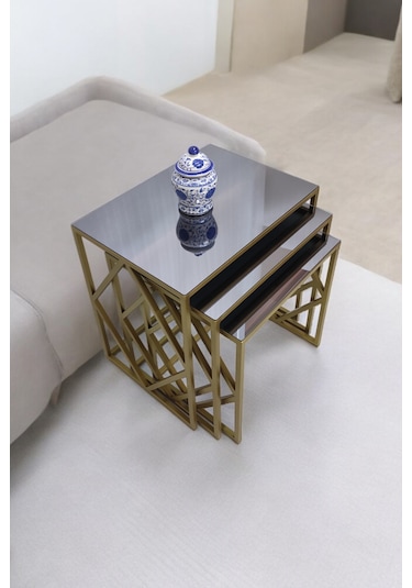 Venice Gold Metal Ayaklı Füme Aynalı Zigon Sehpa