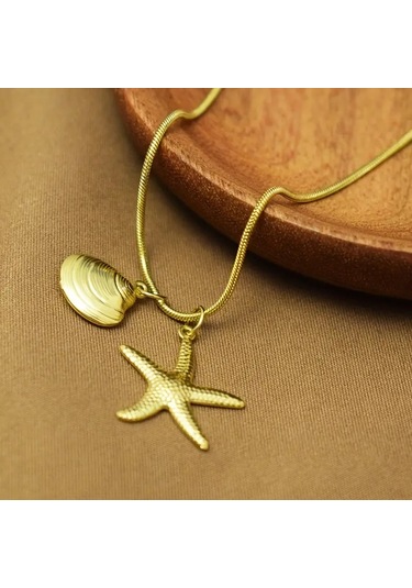 Mumicemum Deniz Yıldızı Ve İstiridye Detaylı Çelik Kolye 18k Altın Kaplama Altın