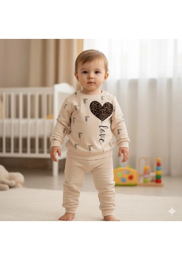Kız Çocuk Leopar Desenli Kalp Baskılı Alt Üst İkili Gündelik Takım 1-4 Yaş Krem