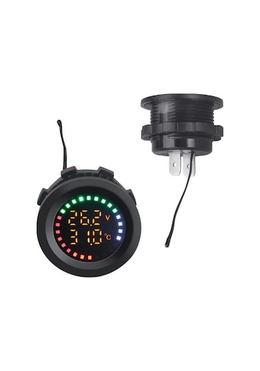 Dijital Akü Voltaj Seviye Ve Isı Ölçer 28mm Çap 12-24v Dc Yuvarlak Panel Tip