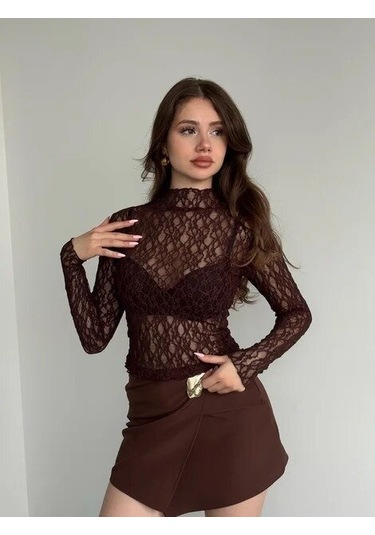 Kadın Yarım Balıkçı Yaka Full Esnek Dantel Bürümcük Spor Şık Tasarım Gece Bluzu Kahverengi