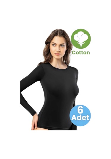 Tezzgelsin Kadın 6'lı Uzun Kollu Yuvarlak Yaka Pamuklu Atlet T-shirt Siyah