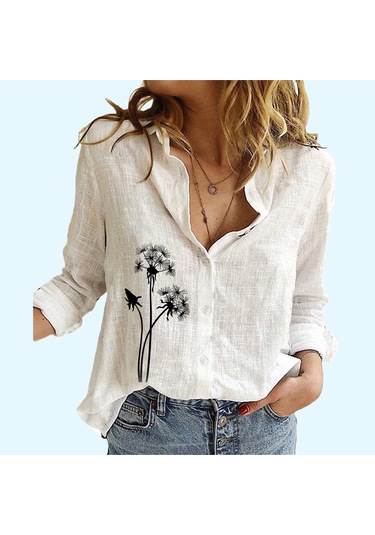 Kadın Moda Çiçek Desenli Keten Üst İlkbahar Yaz&sonbahar Günlük Uzun Kollu Düğmeli Gömlek Bayan Dik Yaka İnce Bluz Beyaz