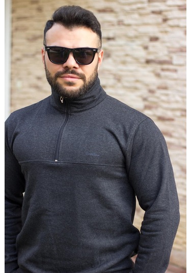 Antrasit Battal Büyük - Normal Beden Yarım Fermuarlı Erkek Eşofman Takımı 21eestyakt Antrasit