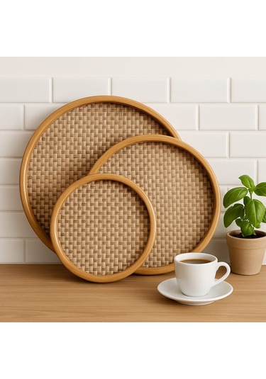 Dekorasyaa Yuvarlak Bambu Tepsi 3'lü Set - 25x30x35 Bambu