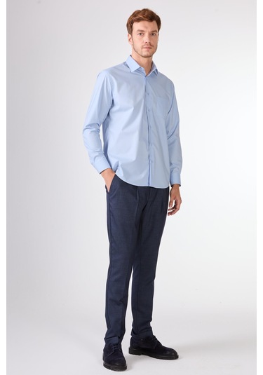 Mavi Düz Erkek Gömlek - Regular Fıt Mavi