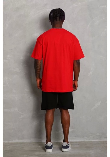 Unisex Oversize Düz Bisiklet Yaka T-shirt - Kırmızı Kırmızı