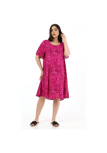 Schık Kadın Viskon Yarım Kol Kare Yaka Elbise Magenta Fuşya