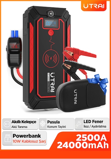 Utrai Jstar 4 24000mAh 2500A Jump Starter Taşınabilir Akü Takviye Cihazı (Kablosuz Şarj + Pusula + Çanta + Led Lamba + Powerbank)