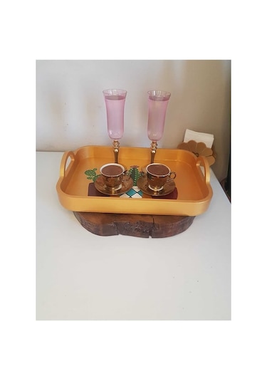 El Boyaması Kaktüs Desenli Altın Tepsi Altın