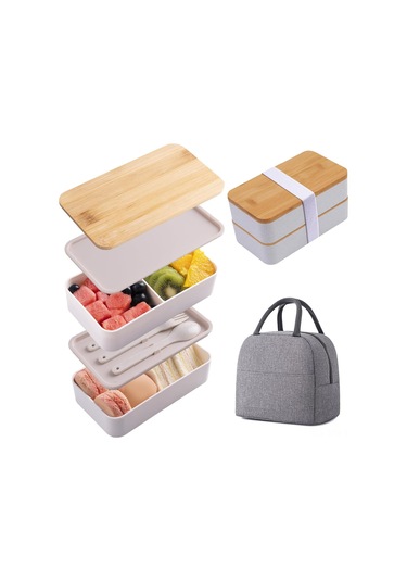 Maiyame Bambu Kapaklı Mikrodalgaya Uygun Pratik Çift Katlı Yemek Kabı - Taşınabilir Öğle Yemeği Seti İle Birlikte Beyaz