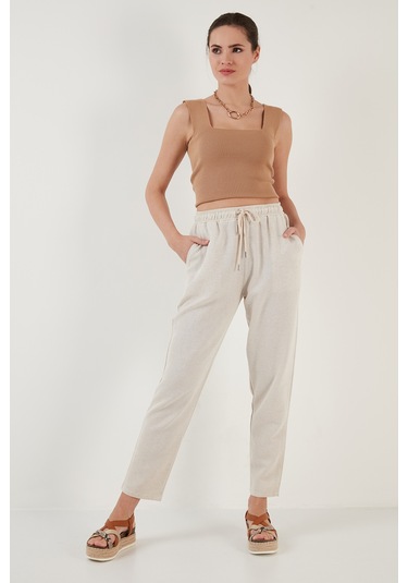 Lela Pamuk Ve Keten Karışımlı Yüksek Bel Rahat Kesim Cepli Bayan Pantolon 5865019 Bej