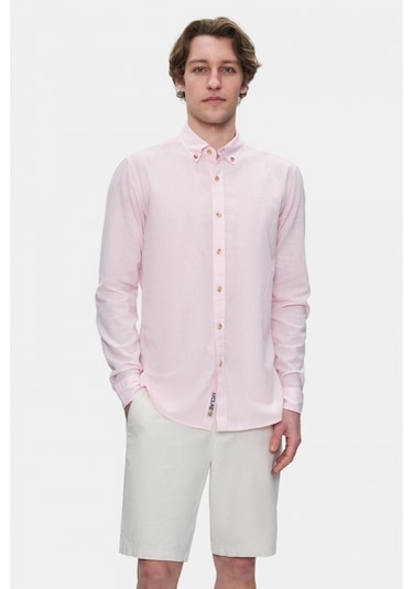 Ucla Jacquez Şeker Pembe Keten Nakışlı Standard Fit Erkek Gömlek Şeker Pembe